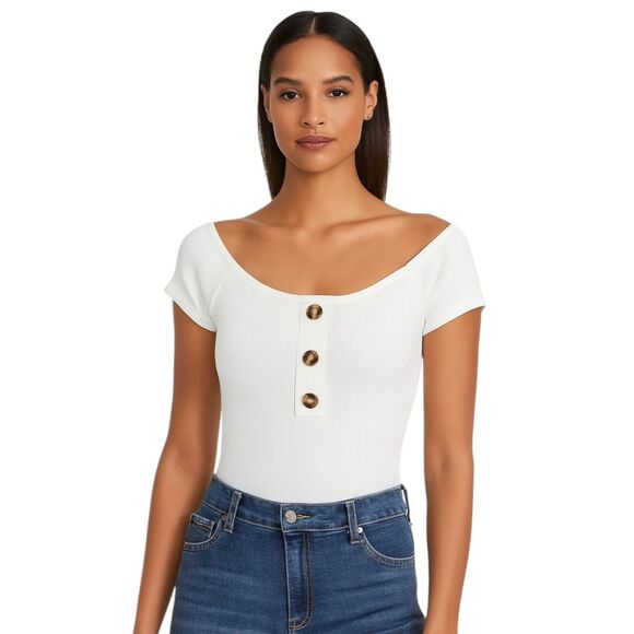 Orange Kiss Cotton Blend Off-White Bodysuit | Ribbed Stretch Off Shoulder | Med - Picture 1 of 15